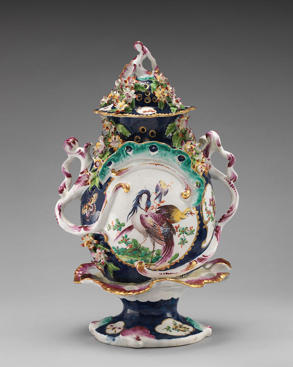 Vase with cover (part of a garniture), Bow Porcelain Factory (British, 1747–1776), Soft-paste porcelain, British, Bow, London