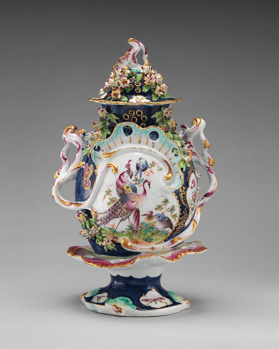 Vase with cover (part of a garniture), Bow Porcelain Factory (British, 1747–1776), Soft-paste porcelain, British, Bow, London 