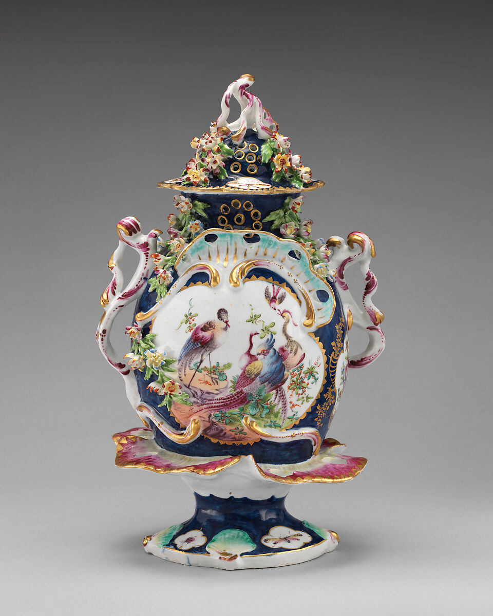 Vase with cover (part of a garniture), Bow Porcelain Factory (British, 1747–1776), Soft-paste porcelain, British, Bow, London