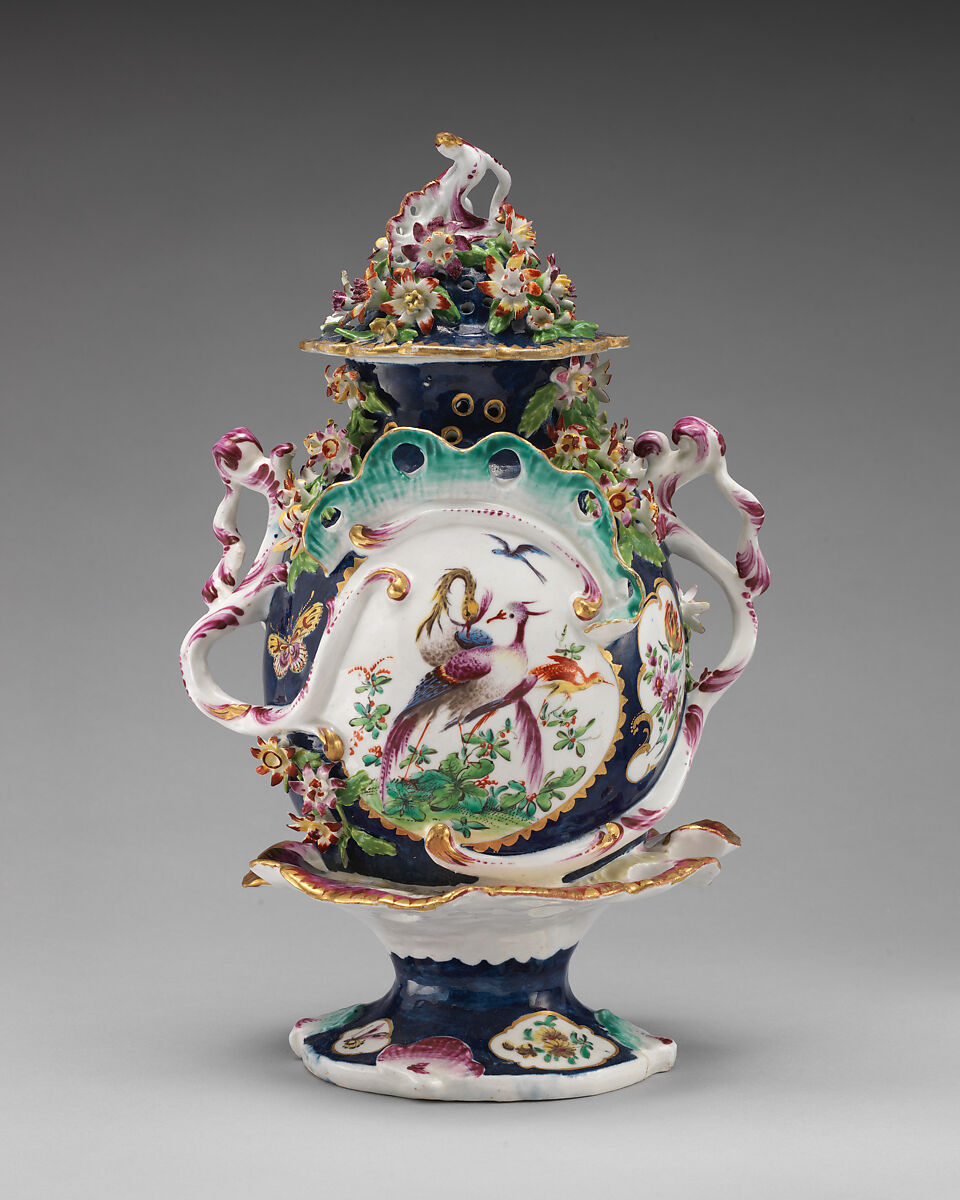 Vase with cover (part of a garniture), Bow Porcelain Factory (British, 1747–1776), Soft-paste porcelain, British, Bow, London 