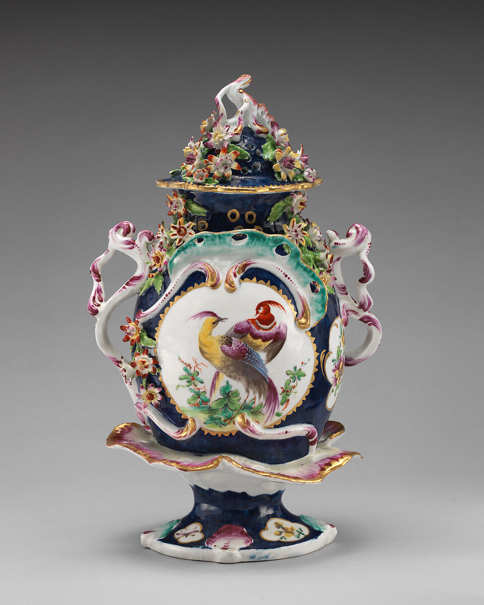 Vase with cover (part of a garniture), Bow Porcelain Factory (British, 1747–1776), Soft-paste porcelain, British, Bow, London