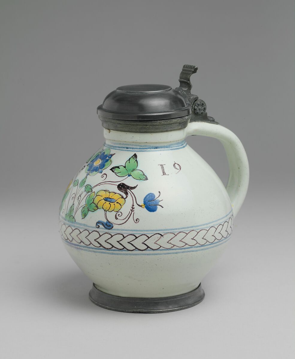 Jug with cover, Tin-glazed earthenware, pewter, Hungarian, Moravia 
