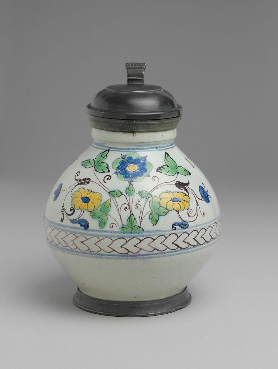 Jug with cover, Tin-glazed earthenware, pewter, Hungarian, Moravia