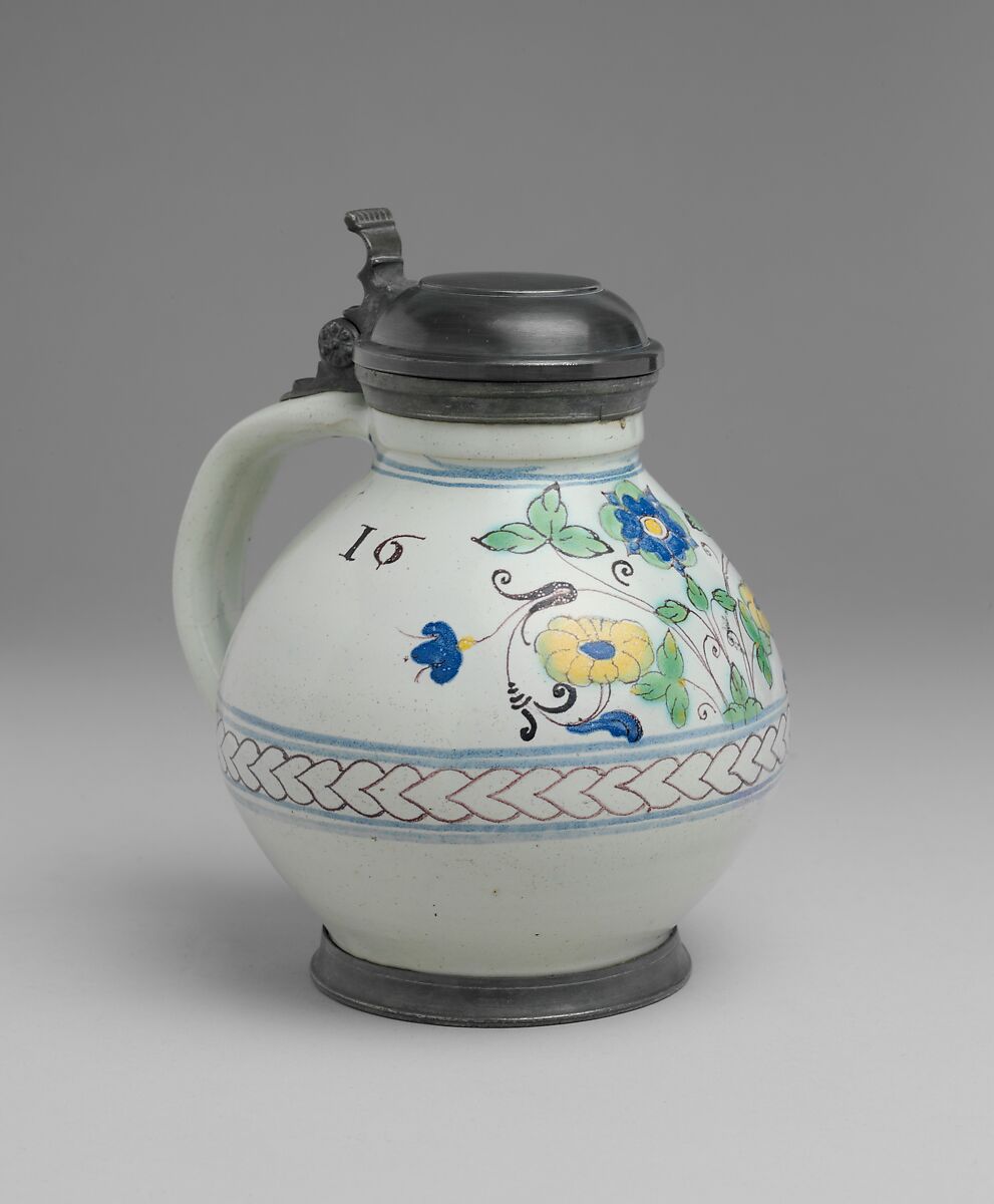 Jug with cover, Tin-glazed earthenware, pewter, Hungarian, Moravia