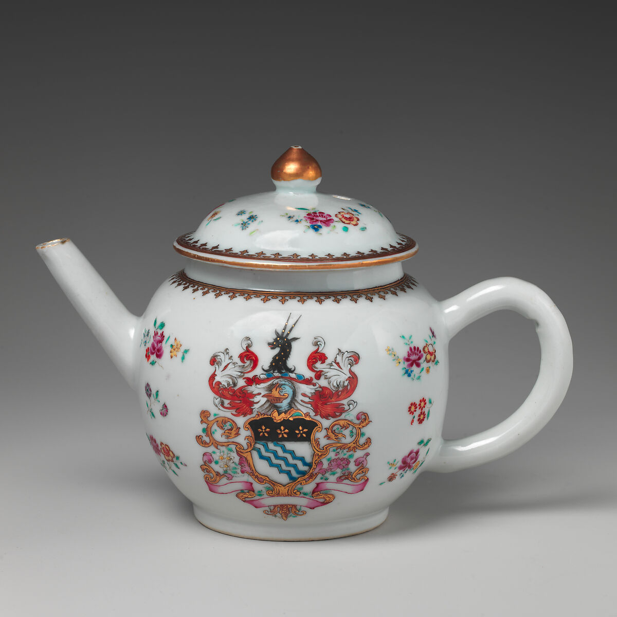 Teapot with armorial decoration (part of a service), Hard-paste porcelain with enamel decoration and gilding, Chinese, for British market