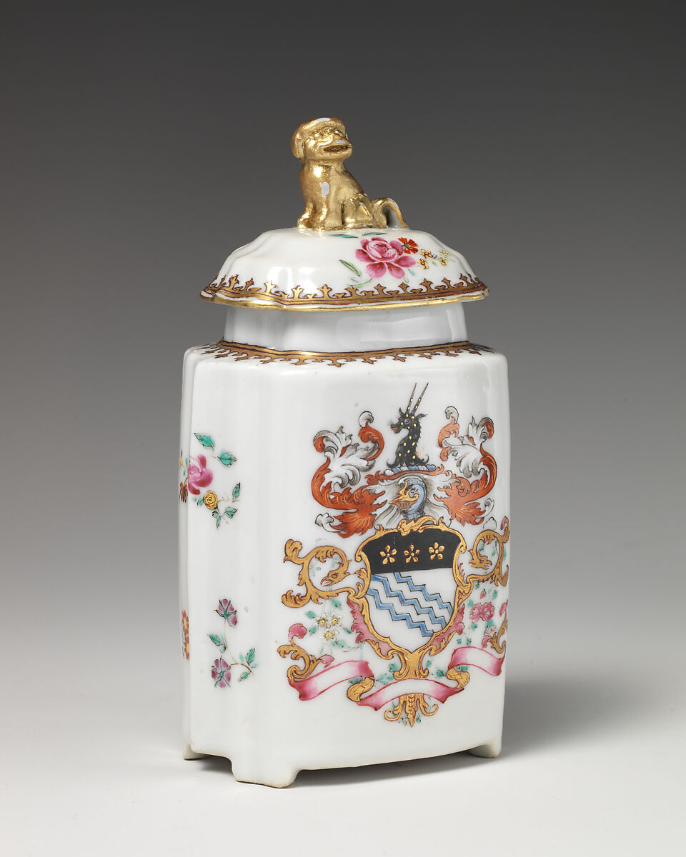 Tea caddy with cover with armorial decoration (part of a service), Hard-paste porcelain with enamel decoration and gilding, Chinese, for British market