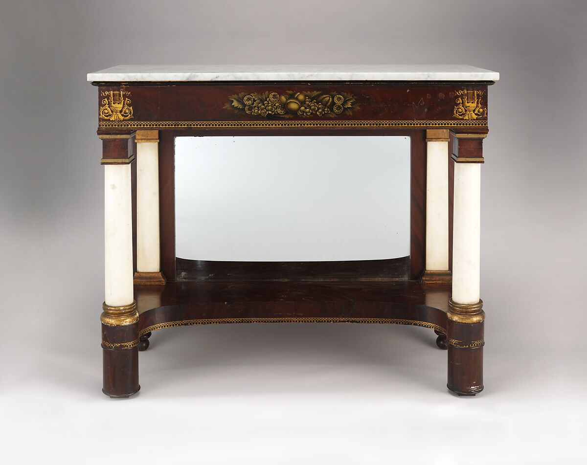 Pier table, Mahogany, marble, gilded wood, mirror glass, white pine apron, plinth, yellow poplar backboard, American 