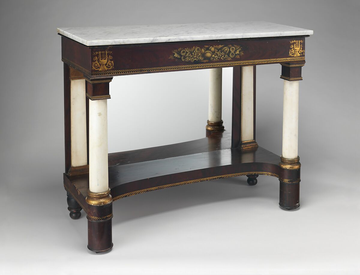 Pier table, Mahogany, marble, gilded wood, mirror glass, white pine apron, plinth, yellow poplar backboard, American