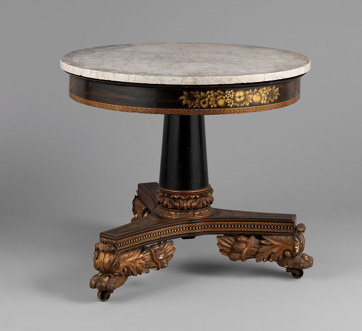 Center Table, Mahogany, ebonized mahogany, gilded wood, marble (white pine apron), American 