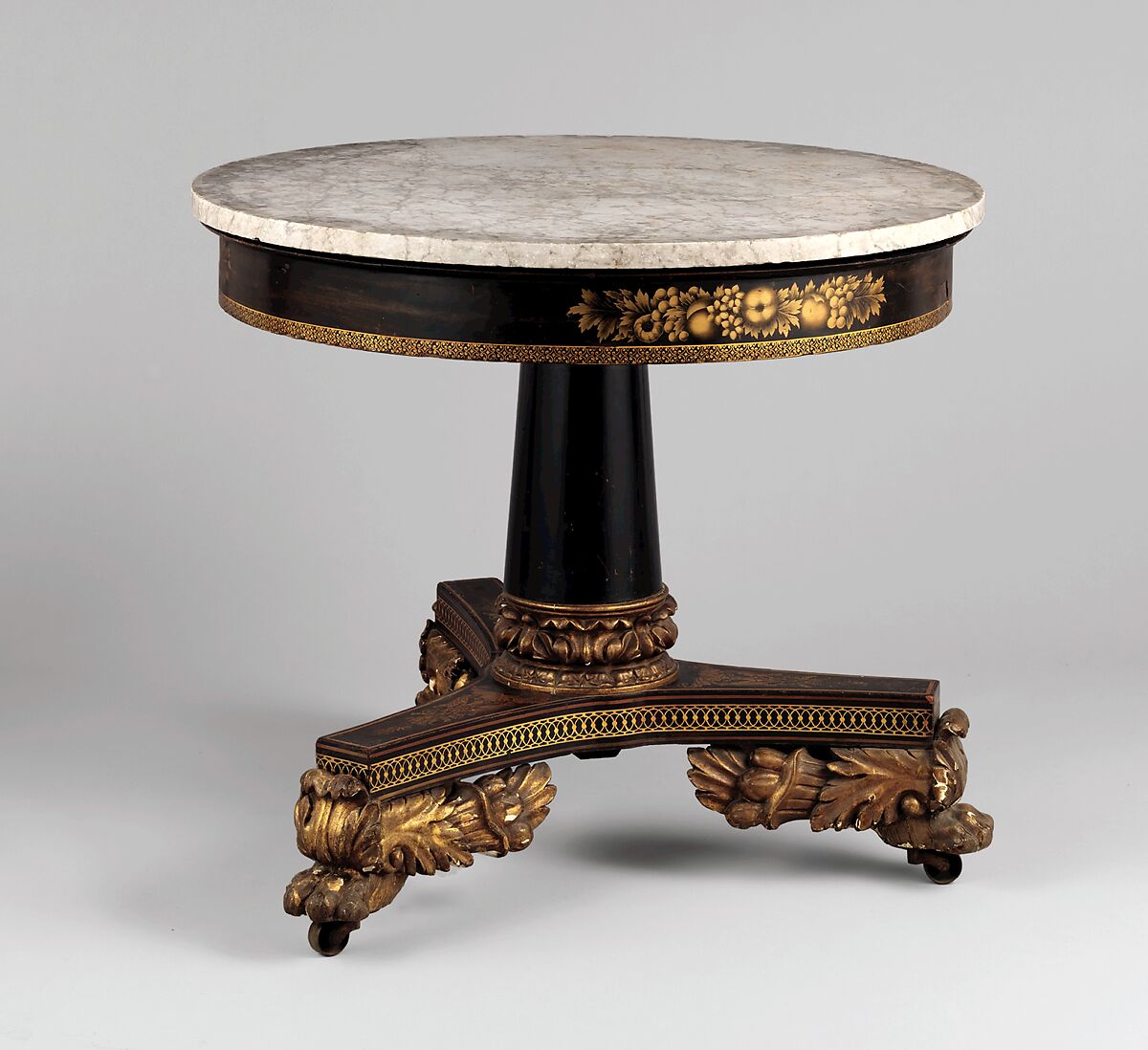 Center Table, Mahogany, ebonized mahogany, gilded wood, marble (white pine apron), American
