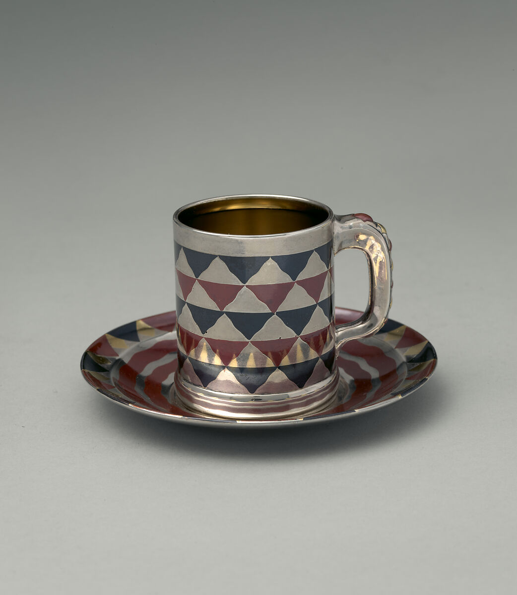 Cup and saucer, Tiffany & Co., Silver, patinated copper,  patinated copper-platinum-iron alloy, and gold, American
