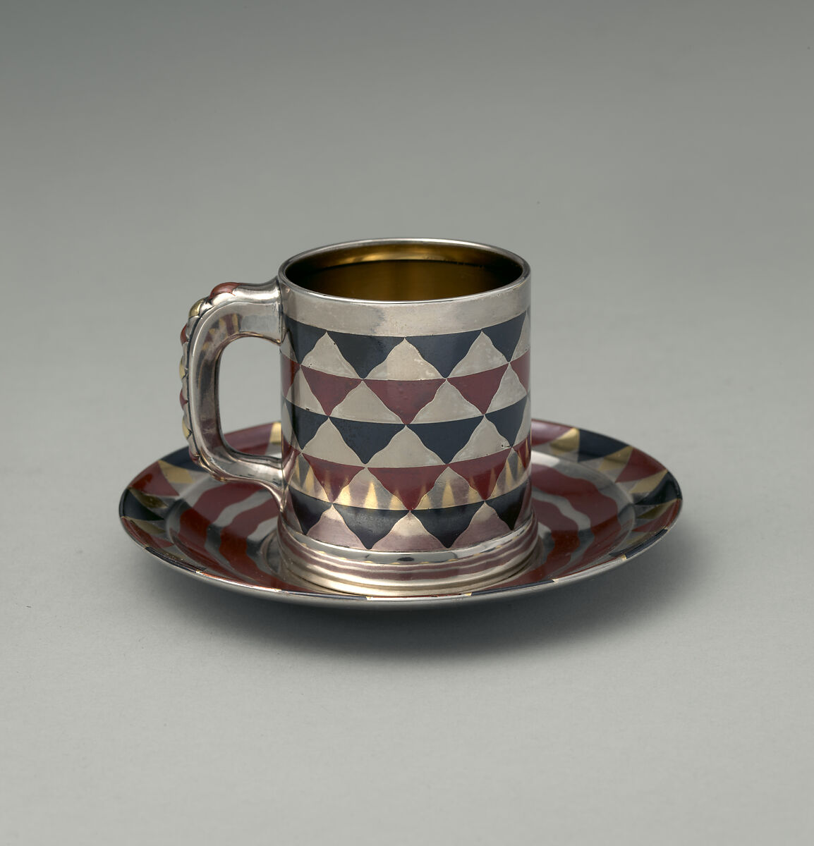 Cup and saucer, Tiffany &amp; Co. (1837–present), Silver, patinated copper,  patinated copper-platinum-iron alloy, and gold, American