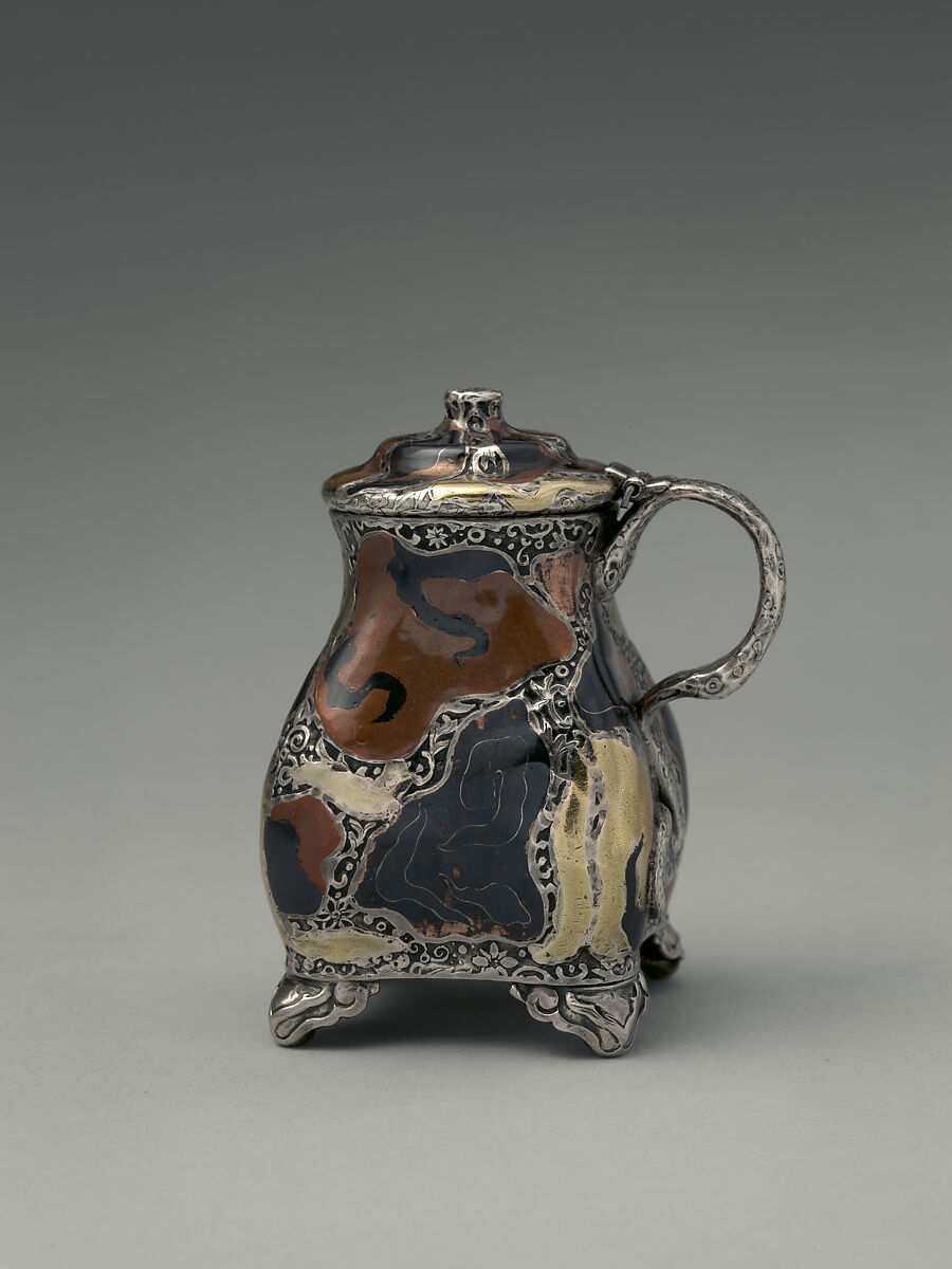 Mustard Pot, Tiffany &amp; Co. (1837–present), Silver, copper, gold, patinated copper-gold alloy, patinated copper-platinum-iron alloy, and niello, American 