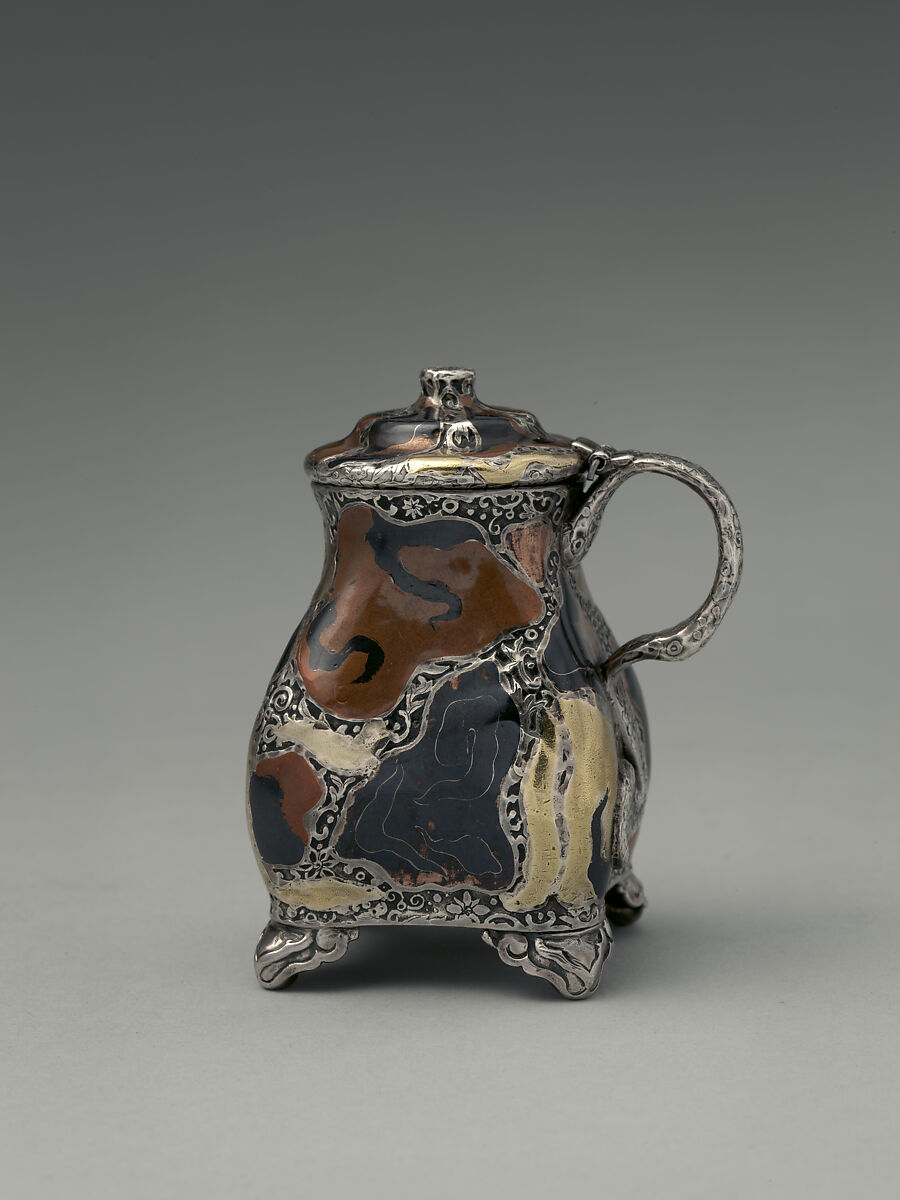 Mustard Pot, Tiffany & Co., Silver, copper, gold, patinated copper-gold alloy, patinated copper-platinum-iron alloy, and niello, American