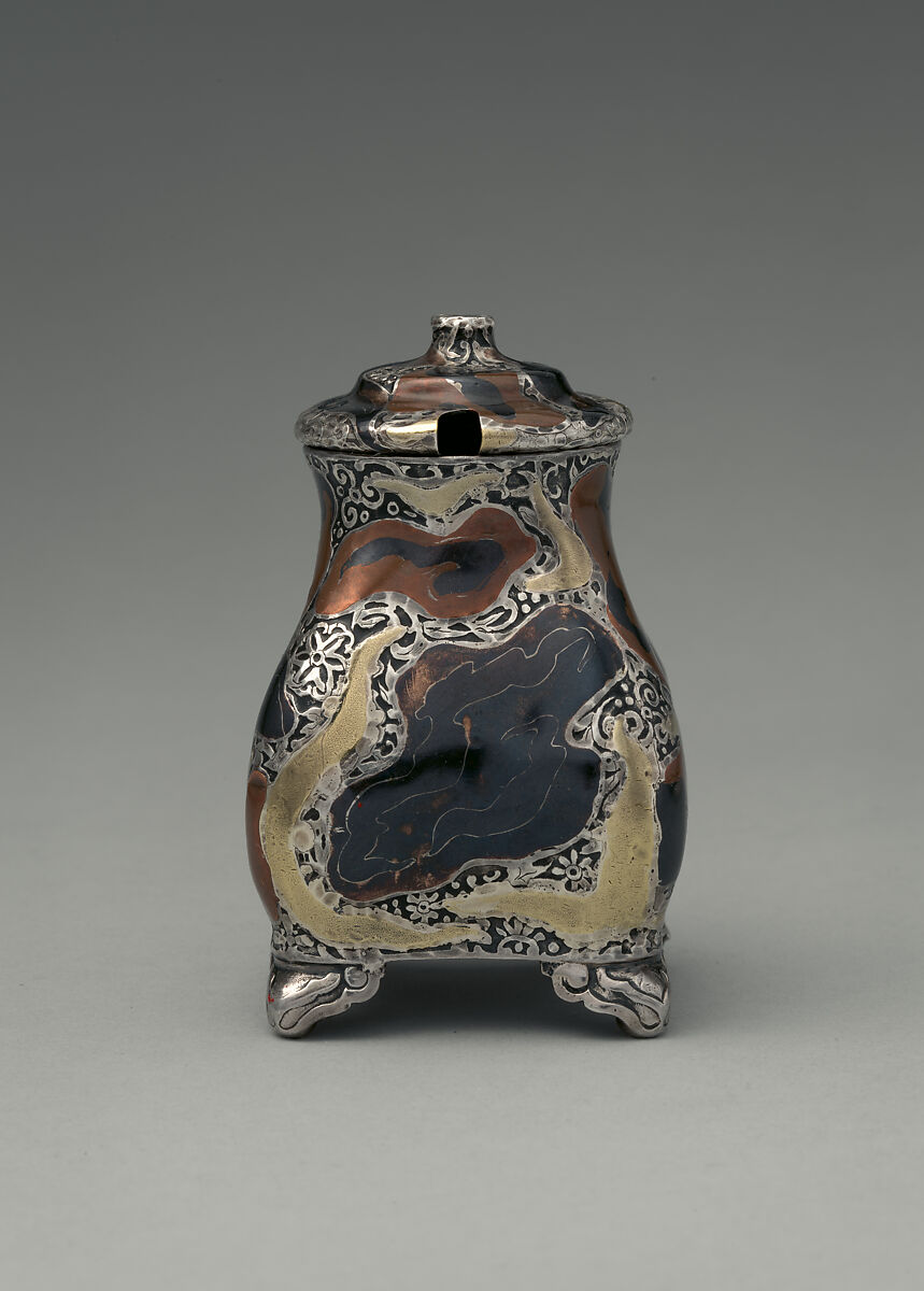 Mustard Pot, Tiffany &amp; Co. (1837–present), Silver, copper, gold, patinated copper-gold alloy, patinated copper-platinum-iron alloy, and niello, American
