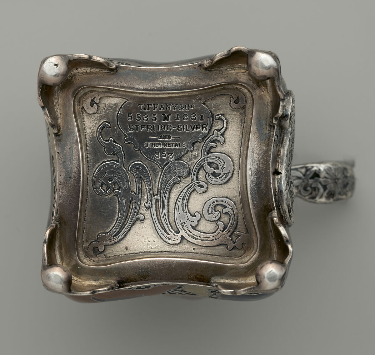 Mustard Pot, Tiffany &amp; Co. (1837–present), Silver, copper, gold, patinated copper-gold alloy, patinated copper-platinum-iron alloy, and niello, American