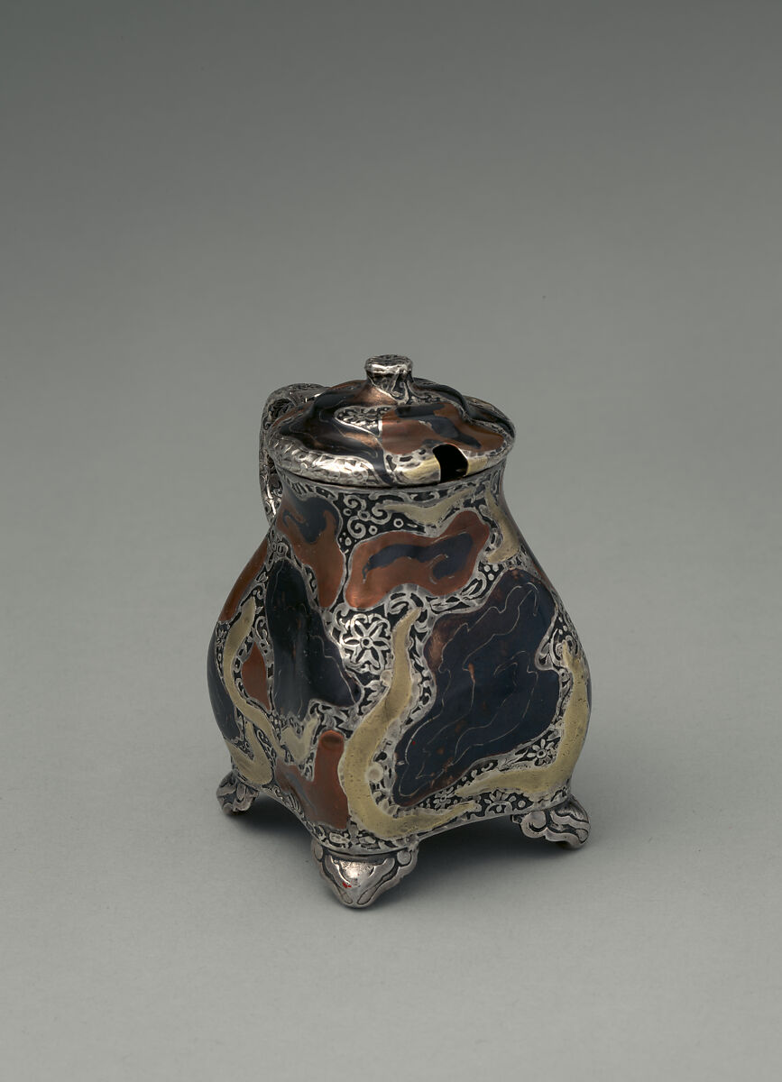 Mustard Pot, Tiffany &amp; Co. (1837–present), Silver, copper, gold, patinated copper-gold alloy, patinated copper-platinum-iron alloy, and niello, American