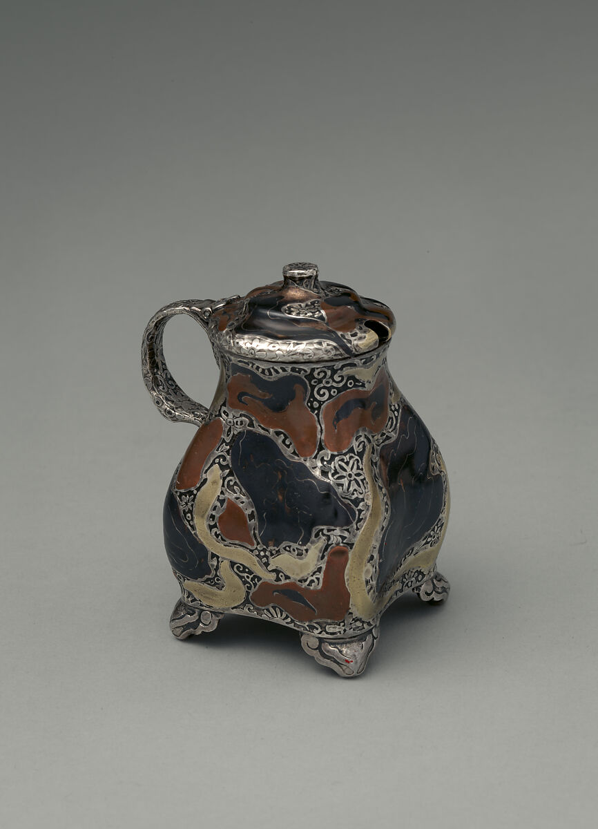 Mustard Pot, Tiffany &amp; Co. (1837–present), Silver, copper, gold, patinated copper-gold alloy, patinated copper-platinum-iron alloy, and niello, American