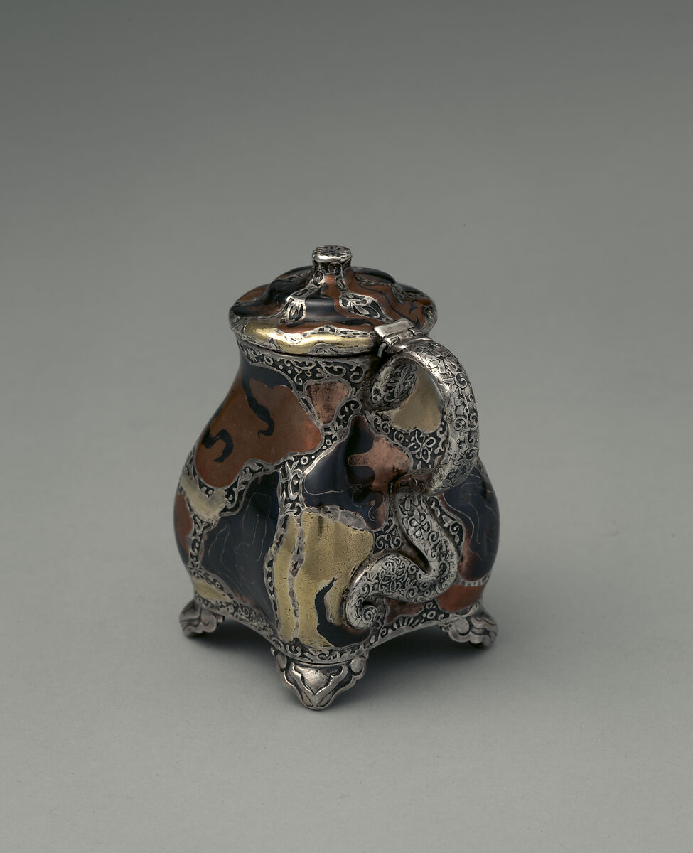 Mustard Pot, Tiffany &amp; Co. (1837–present), Silver, copper, gold, patinated copper-gold alloy, patinated copper-platinum-iron alloy, and niello, American