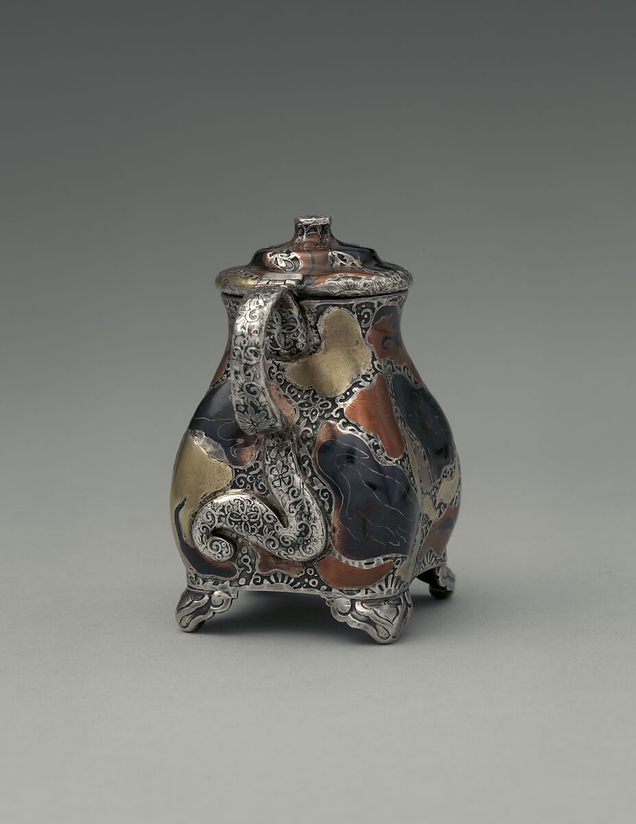 Mustard Pot, Tiffany &amp; Co. (1837–present), Silver, copper, gold, patinated copper-gold alloy, patinated copper-platinum-iron alloy, and niello, American