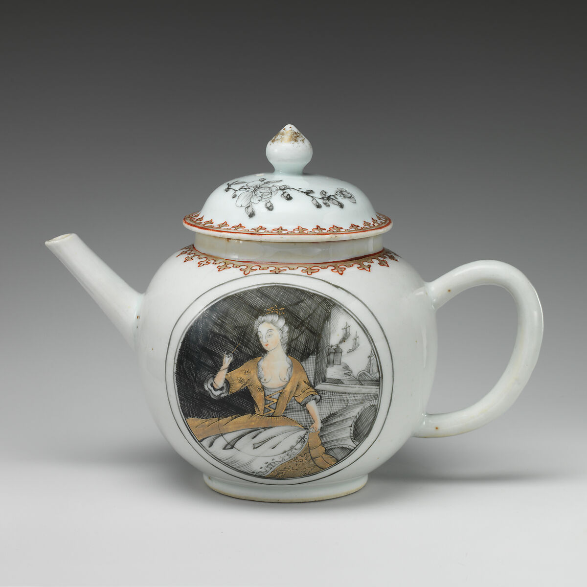 Teapot with portrait of a woman (part of a service), Hard-paste porcelain with enamel decoration and gilding, Chinese, possibly for Dutch market 