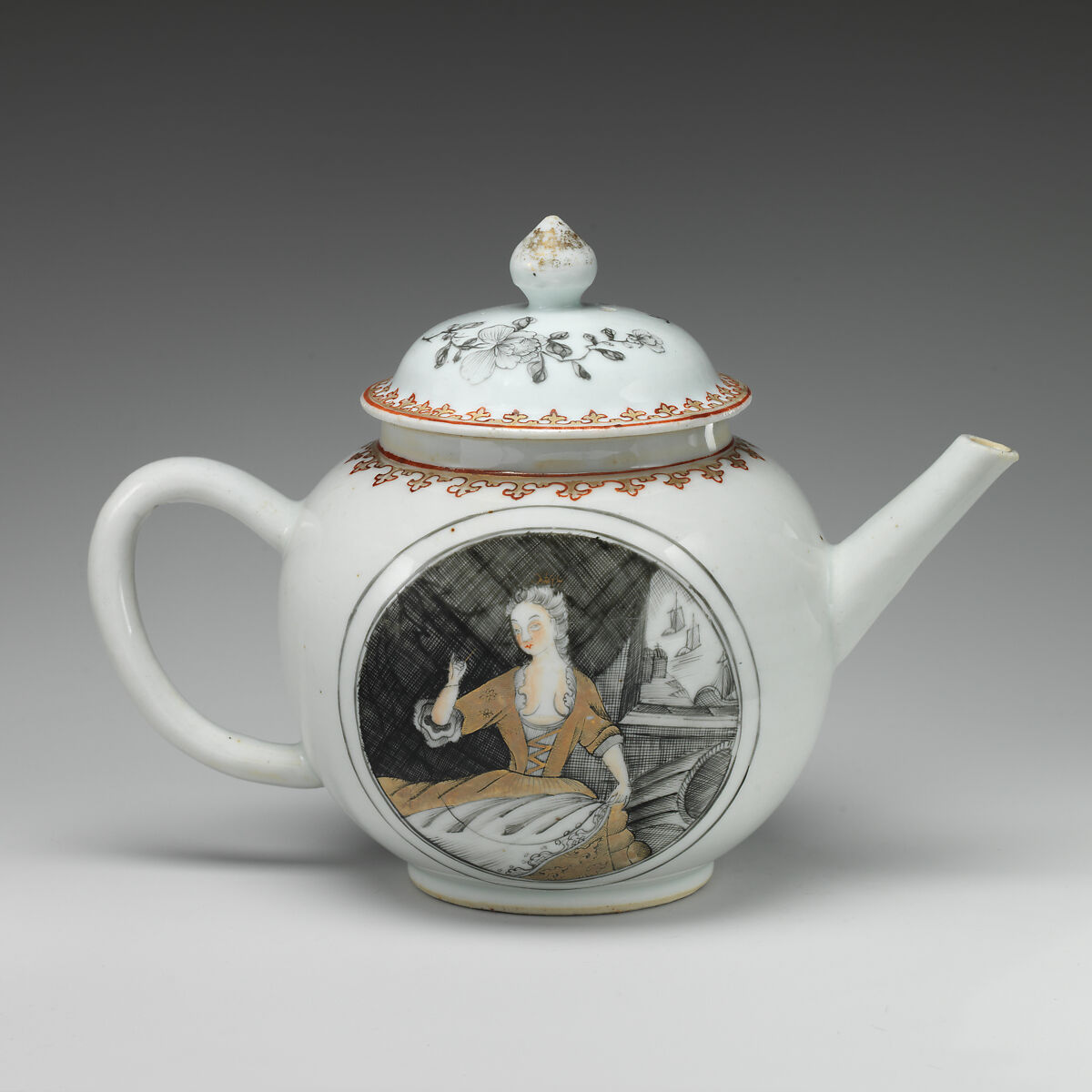 Teapot with portrait of a woman (part of a service), Hard-paste porcelain with enamel decoration and gilding, Chinese, possibly for Dutch market