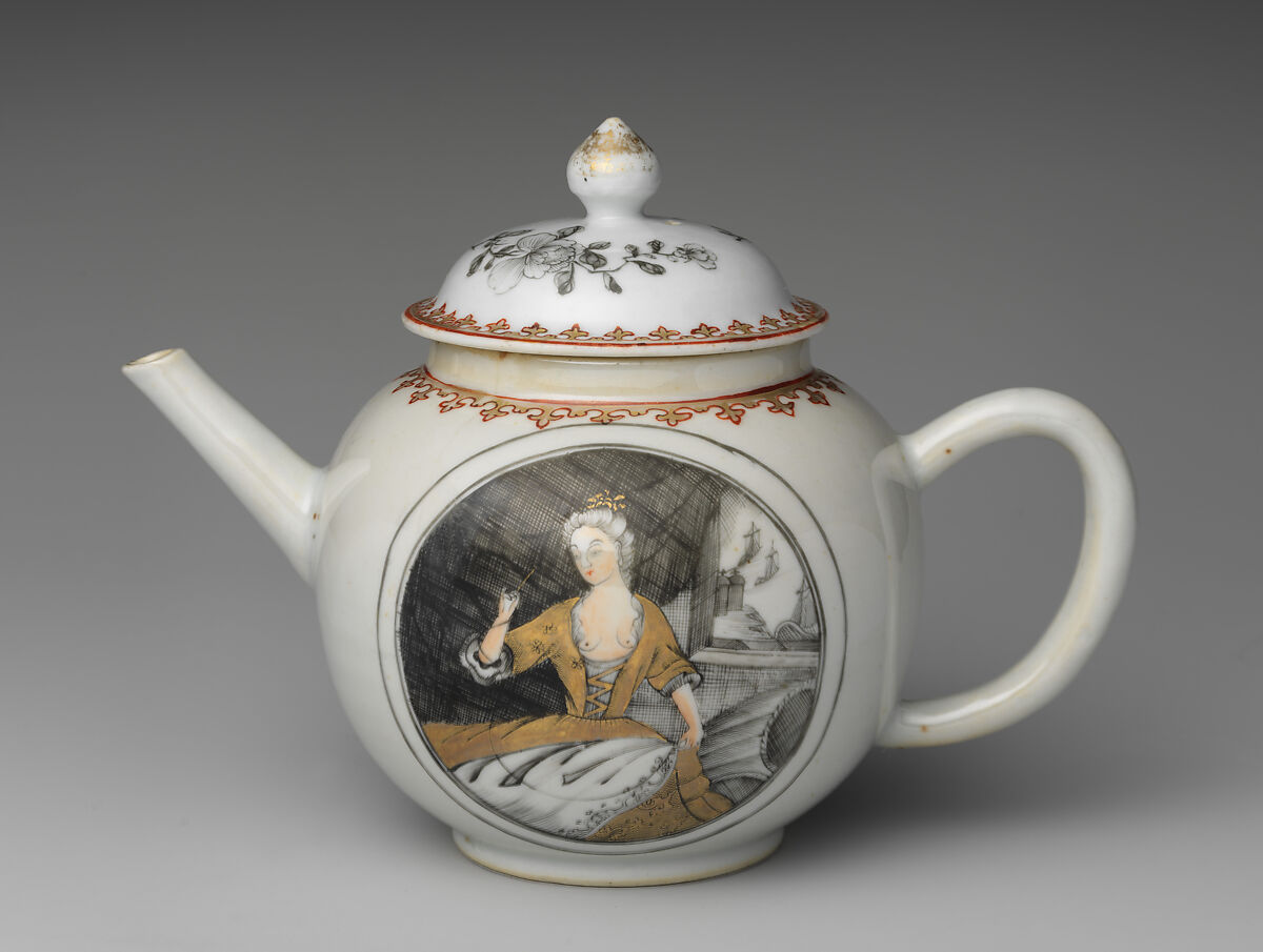 Teapot with portrait of a woman (part of a service), Hard-paste porcelain with enamel decoration and gilding, Chinese, possibly for Dutch market