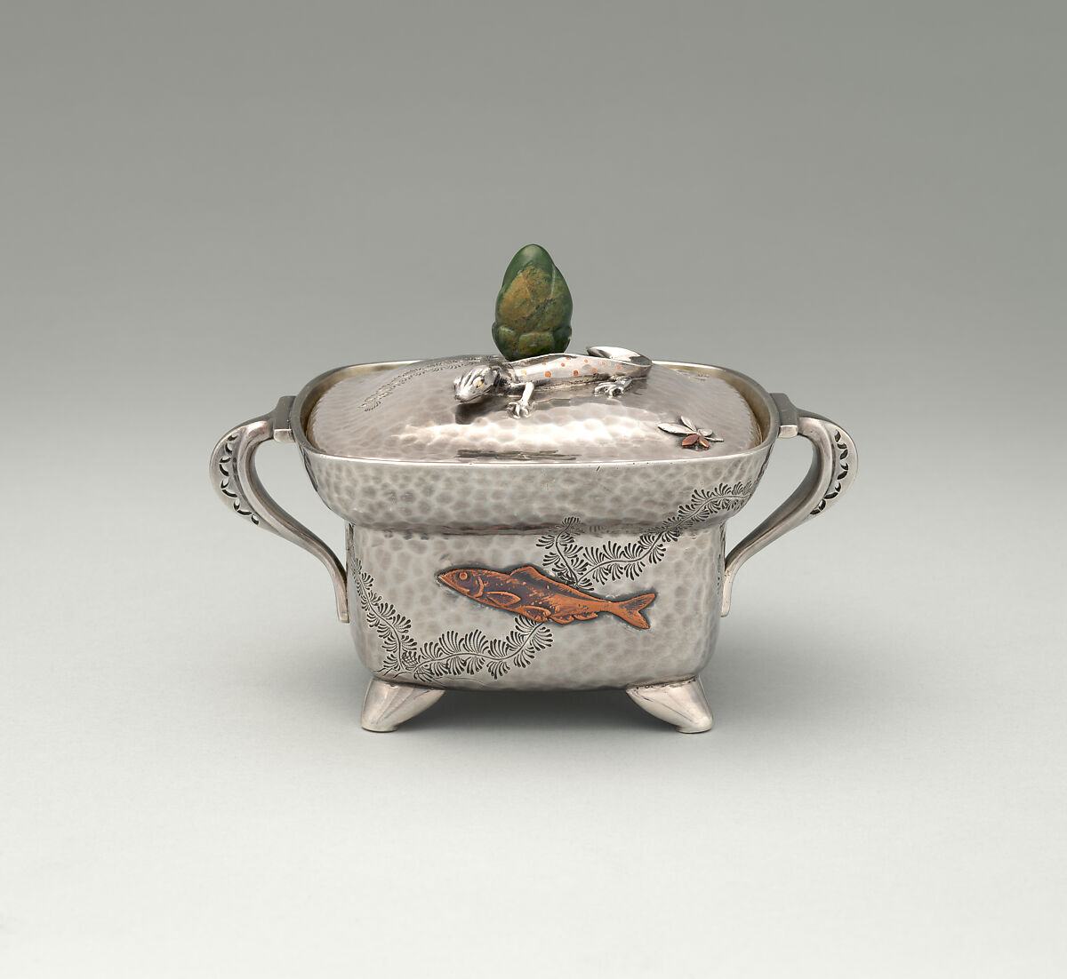 Sugar bowl, Tiffany &amp; Co. (1837–present), silver, copper, and jade, American 