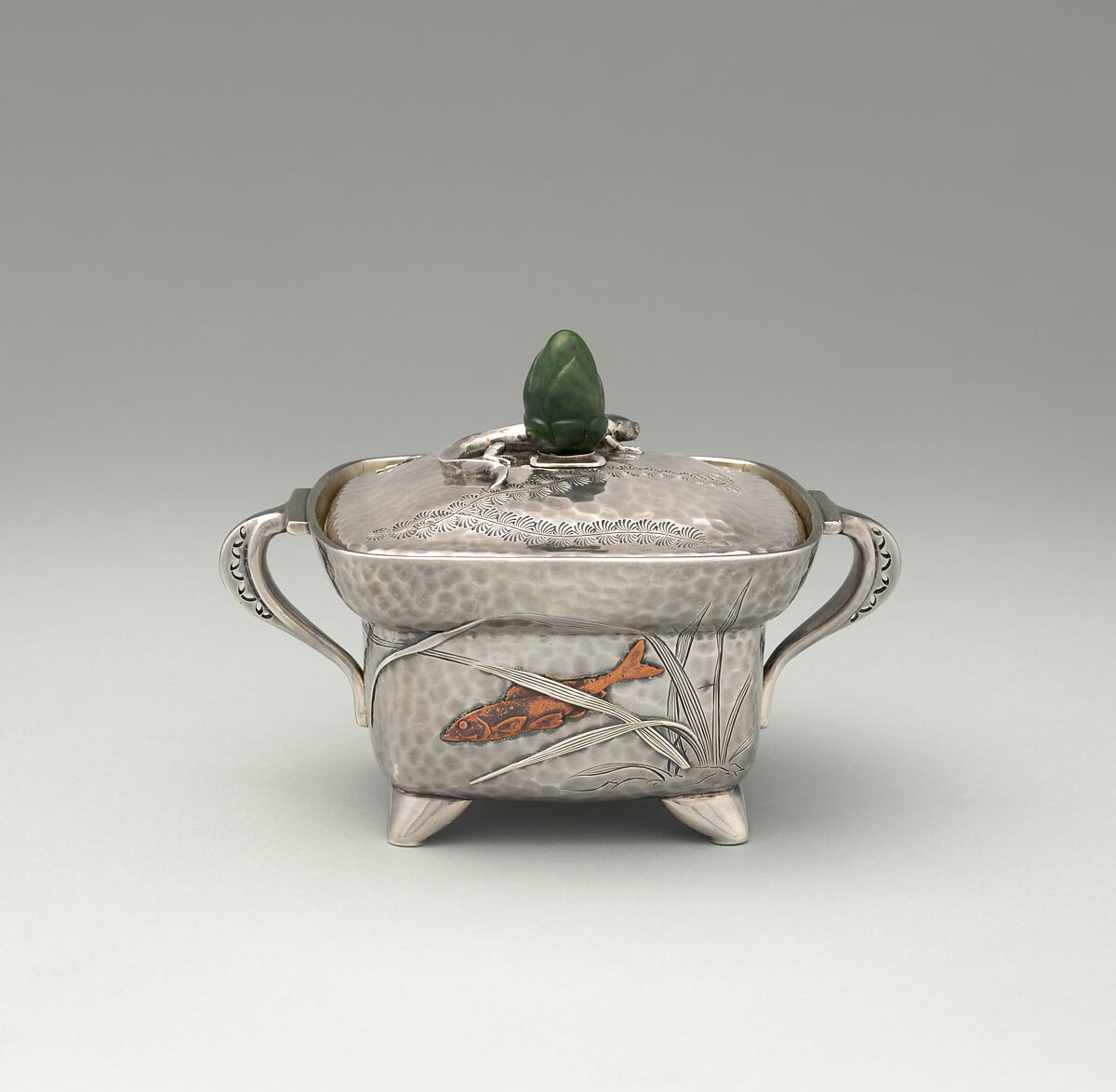 Sugar bowl, Tiffany &amp; Co. (1837–present), silver, copper, and jade, American