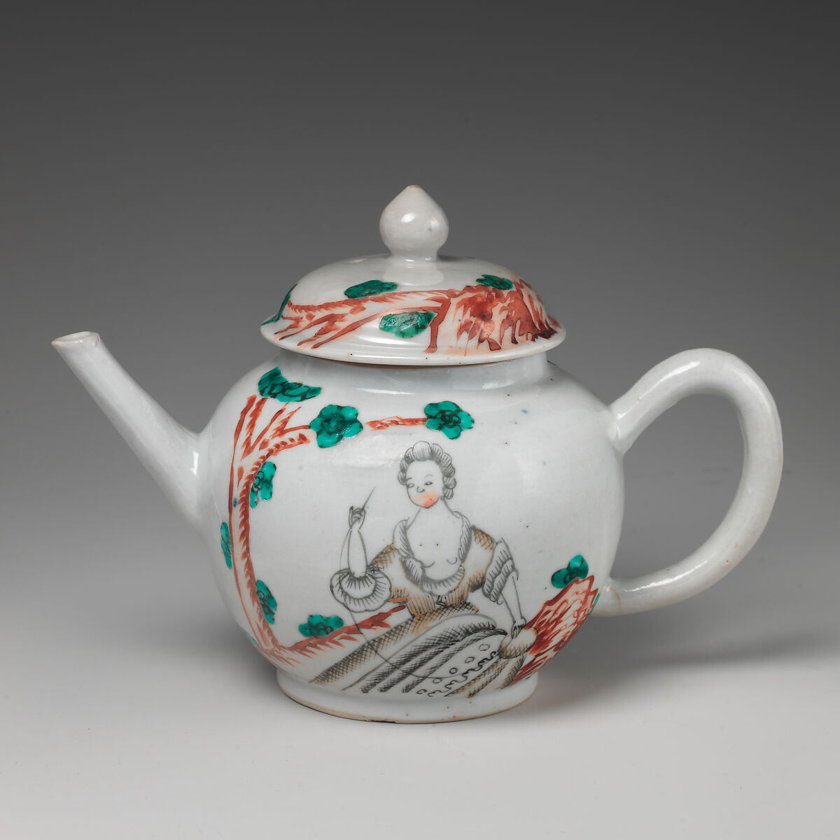 Teapot with portrait of a woman, Hard-paste porcelain with enamel decoration, Chinese, possibly for Dutch market