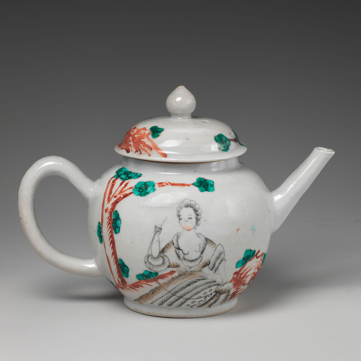 Teapot with portrait of a woman, Hard-paste porcelain with enamel decoration, Chinese, possibly for Dutch market 