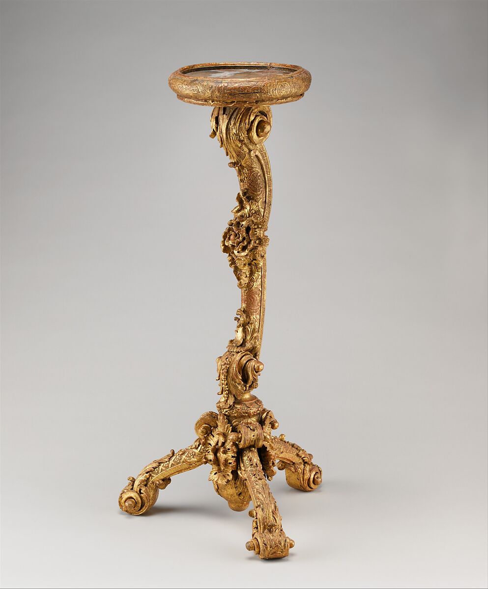 Pair of candlestands, Linden wood; cut and gilded gesso; Tegernsee limestone top, German, Munich 