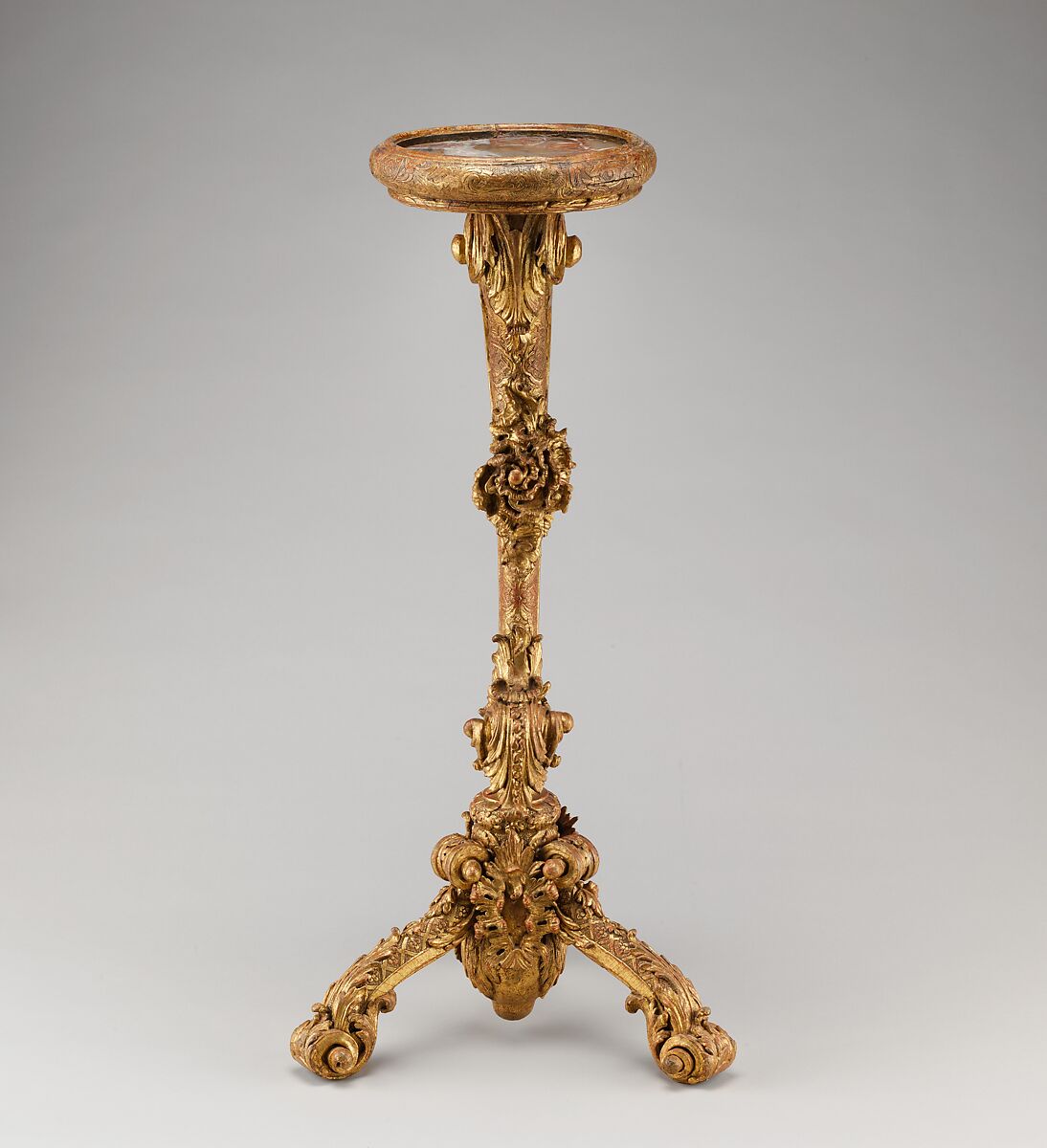 Pair of candlestands, Linden wood; cut and gilded gesso; Tegernsee limestone top, German, Munich