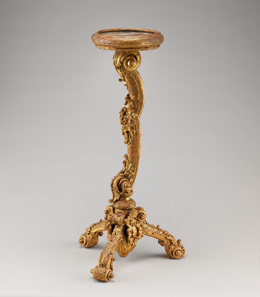 Pair of candlestands, Linden wood; cut and gilded gesso; Tegernsee limestone top, German, Munich