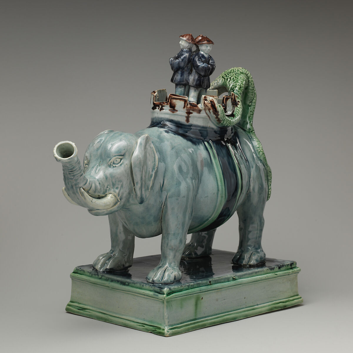 Teapot in the form of an elephant, Style of Ralph Wood the Younger (British, Burslem 1748–1795 Burslem), Lead-glazed earthenware, British, Staffordshire