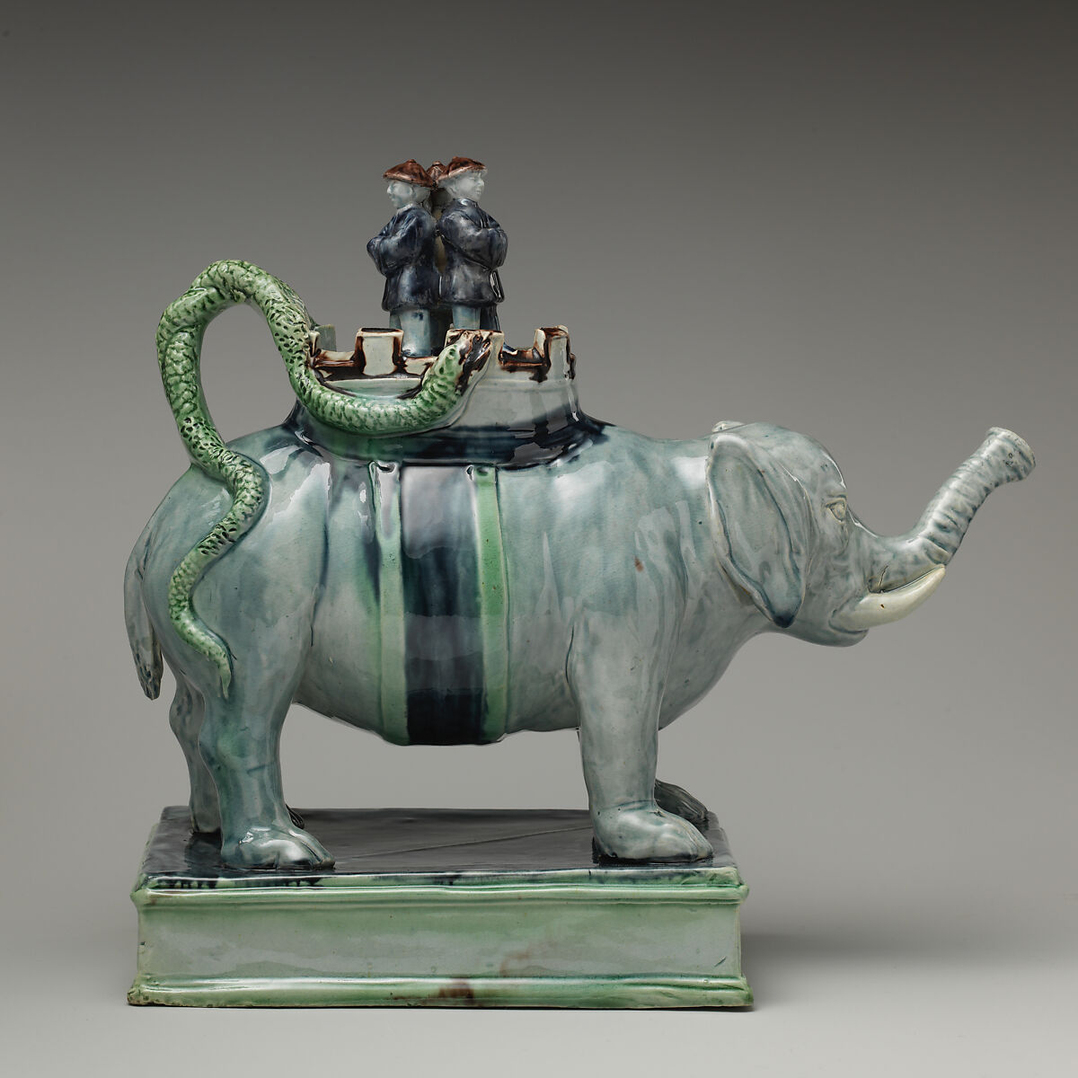 Teapot in the form of an elephant, Style of Ralph Wood the Younger (British, Burslem 1748–1795 Burslem), Lead-glazed earthenware, British, Staffordshire