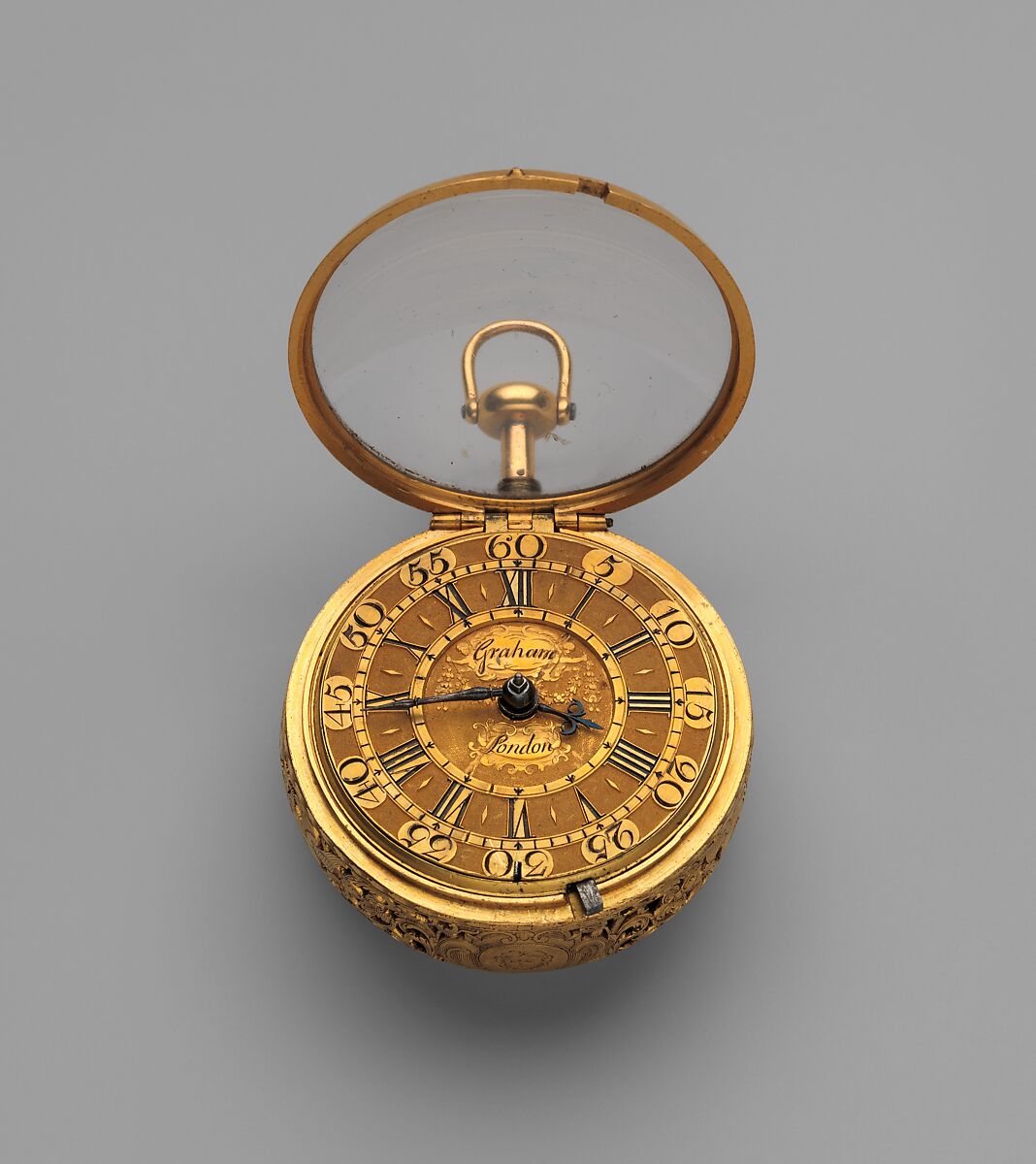 Pair-case watch with quarter repeating mechanism, Watchmaker: George Graham (British, 1673–1751), Outer and inner cases: gold; Dial: champlevé gold; Movement: gilded brass and partly blued steel, British, London 
