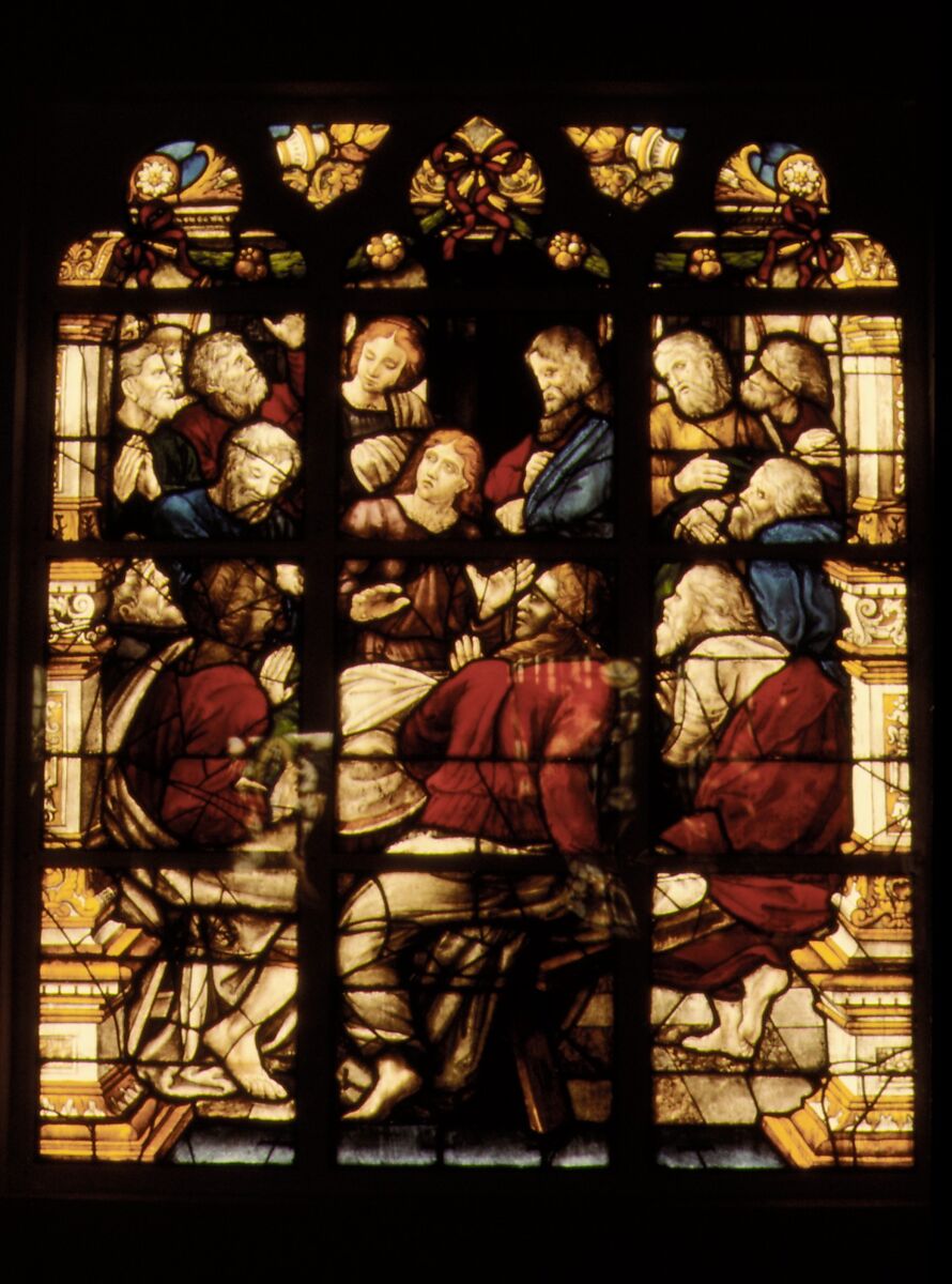 The Disciples in the Upper Room (?), Probably after a design by Pieter Coecke van Aelst (Netherlandish, Aelst 1502–1550 Brussels), Stained glass, Flemish, Antwerp