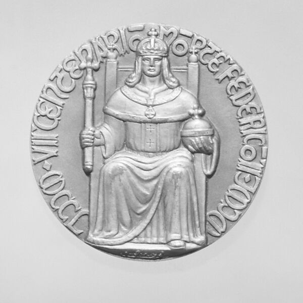 Struck in Commemoration of 7th Centenary of the Death of Frederick II, Ruler of the Two Sicilies and Emperor of the Holy Roman Empire (b. 1194, r. 1208, e. 1215, d. 1250), Medalist: C. Sergi, Bronze, Italian 