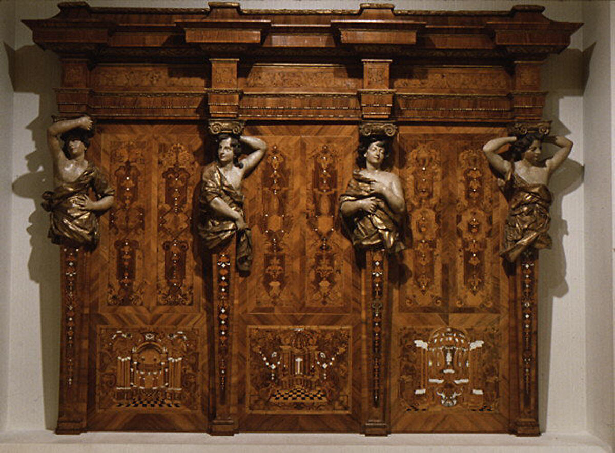 Choir stall panels, Johann Justus Schacht with collaborators, Panel: oak veneered with walnut, boxwod, rosewood, ebony, maple, and other woods, ivory, green-stained horn, and pewter; figures: carved and painted limewood, German, Mainz 