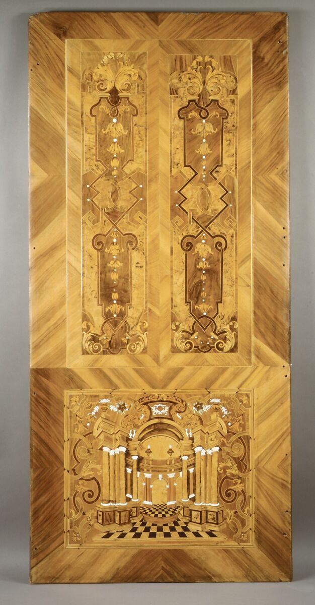 Choir stall panels, Johann Justus Schacht with collaborators, Panel: oak veneered with walnut, boxwod, rosewood, ebony, maple, and other woods, ivory, green-stained horn, and pewter; figures: carved and painted limewood, German, Mainz