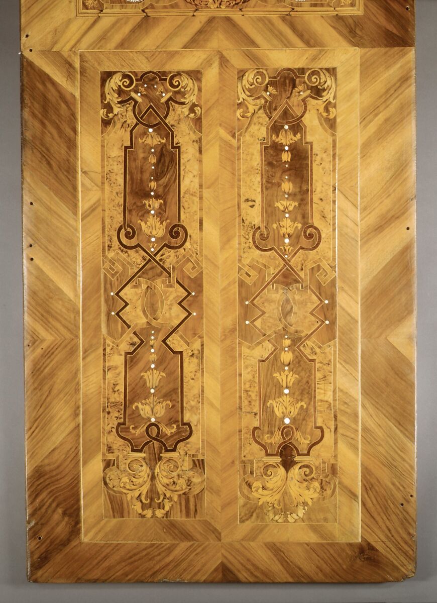 Choir stall panels, Johann Justus Schacht with collaborators, Panel: oak veneered with walnut, boxwod, rosewood, ebony, maple, and other woods, ivory, green-stained horn, and pewter; figures: carved and painted limewood, German, Mainz