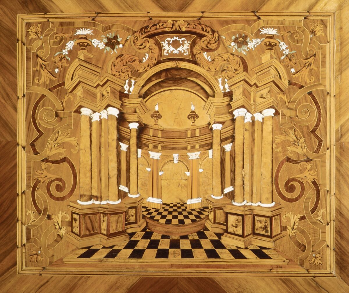 Choir stall panels, Johann Justus Schacht with collaborators, Panel: oak veneered with walnut, boxwod, rosewood, ebony, maple, and other woods, ivory, green-stained horn, and pewter; figures: carved and painted limewood, German, Mainz