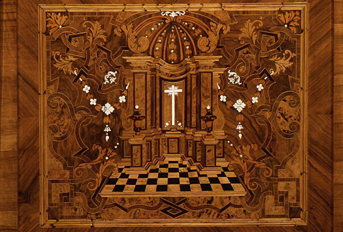 Choir stall panels, Johann Justus Schacht with collaborators, Panel: oak veneered with walnut, boxwod, rosewood, ebony, maple, and other woods, ivory, green-stained horn, and pewter; figures: carved and painted limewood, German, Mainz