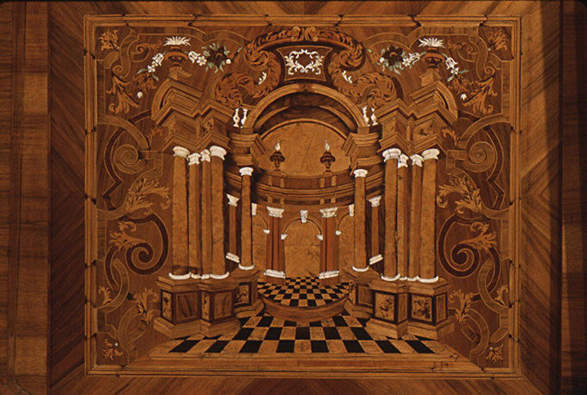 Choir stall panels, Johann Justus Schacht with collaborators, Panel: oak veneered with walnut, boxwod, rosewood, ebony, maple, and other woods, ivory, green-stained horn, and pewter; figures: carved and painted limewood, German, Mainz