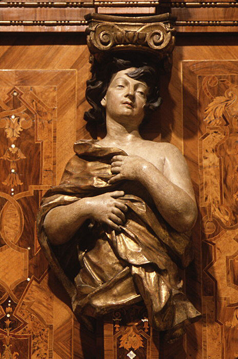 Choir stall panels, Johann Justus Schacht with collaborators, Panel: oak veneered with walnut, boxwod, rosewood, ebony, maple, and other woods, ivory, green-stained horn, and pewter; figures: carved and painted limewood, German, Mainz