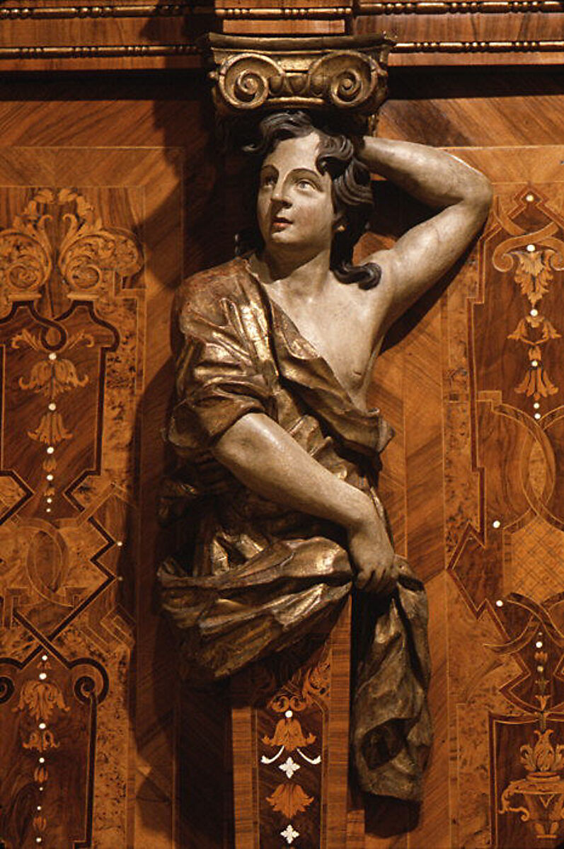 Choir stall panels, Johann Justus Schacht with collaborators, Panel: oak veneered with walnut, boxwod, rosewood, ebony, maple, and other woods, ivory, green-stained horn, and pewter; figures: carved and painted limewood, German, Mainz