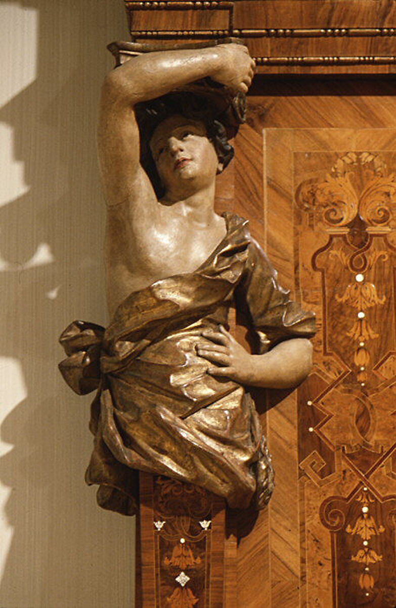 Choir stall panels, Johann Justus Schacht with collaborators, Panel: oak veneered with walnut, boxwod, rosewood, ebony, maple, and other woods, ivory, green-stained horn, and pewter; figures: carved and painted limewood, German, Mainz