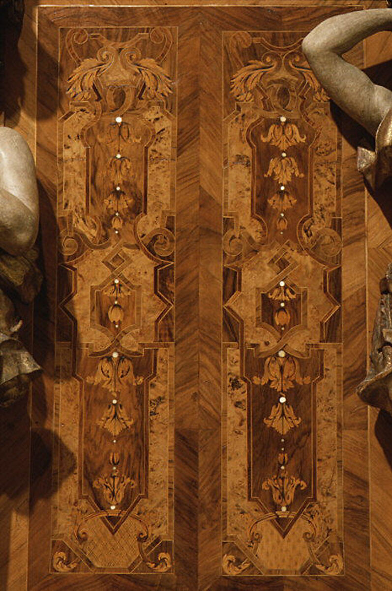 Choir stall panels, Johann Justus Schacht with collaborators, Panel: oak veneered with walnut, boxwod, rosewood, ebony, maple, and other woods, ivory, green-stained horn, and pewter; figures: carved and painted limewood, German, Mainz