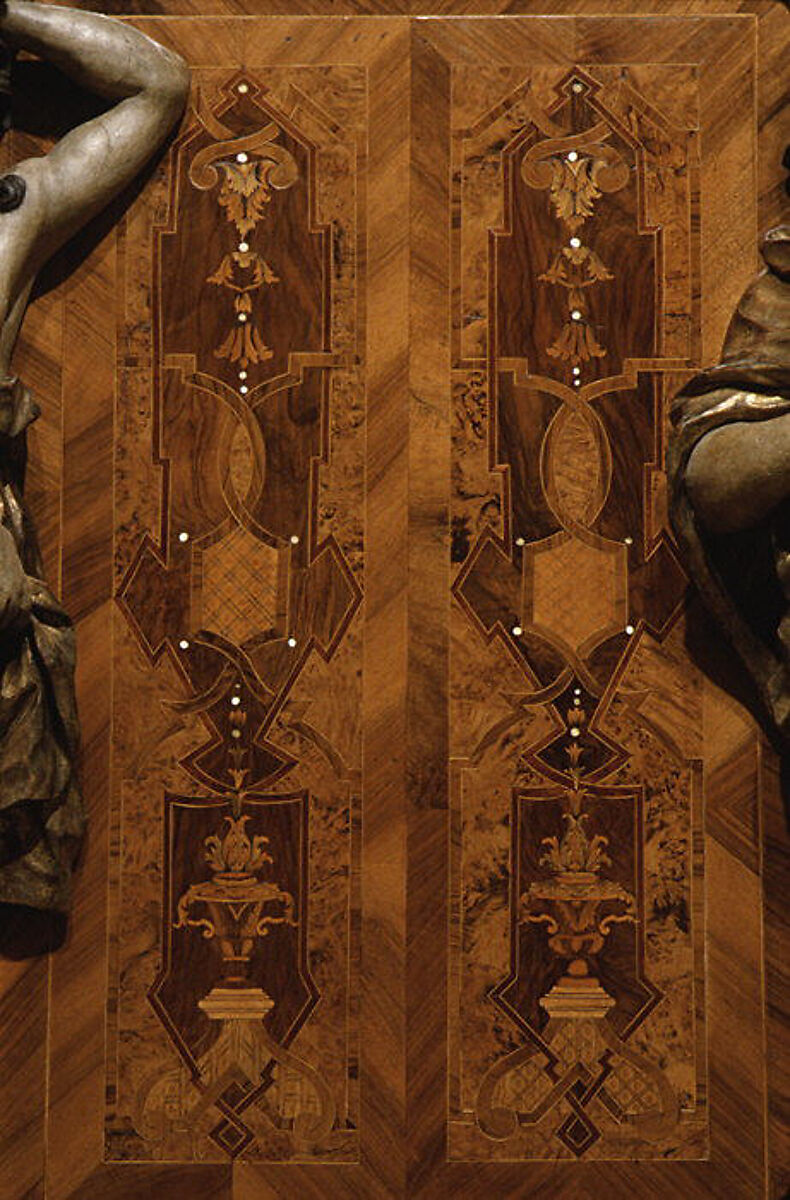 Choir stall panels, Johann Justus Schacht with collaborators, Panel: oak veneered with walnut, boxwod, rosewood, ebony, maple, and other woods, ivory, green-stained horn, and pewter; figures: carved and painted limewood, German, Mainz